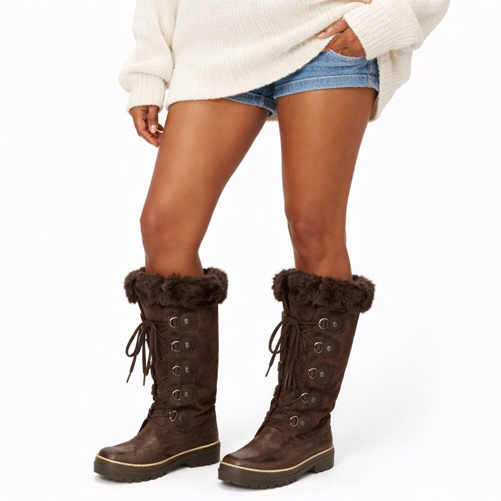 Khombu Brown Suede Winter Boots | Faux Fur Lined Lace-Up | Calf High